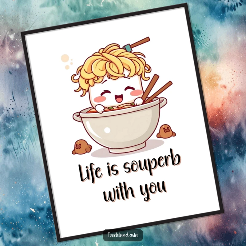 Funny Free Printable Wall Art: A giggling anthropomorphic ramen bowl with noodle hair joyfully stirring a giant pot.