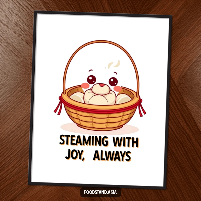 Funny free printable wall art of a beaming dim sum basket holding a tiny steaming bun, with cheerful eyes.