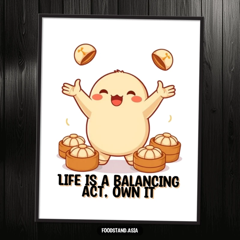 Funny Free Printable Wall Art: Jubilant anthropomorphic dumpling with arms outstretched, juggling small steamed buns, cute downloadable decor.