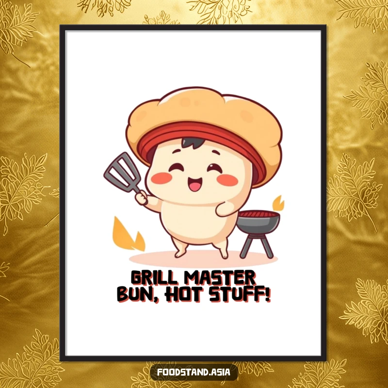 Funny free printable wall art of a smiling cartoon bao bun with tiny legs fanning a cooking grill.