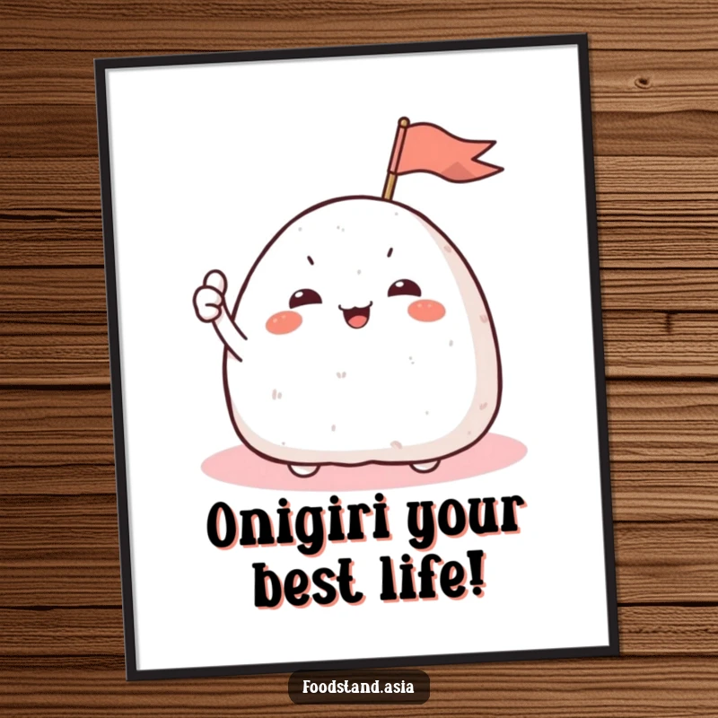 Funny Free Printable Wall Art featuring a giggling onigiri with small arms waving a tiny flag, a charming food-themed print.