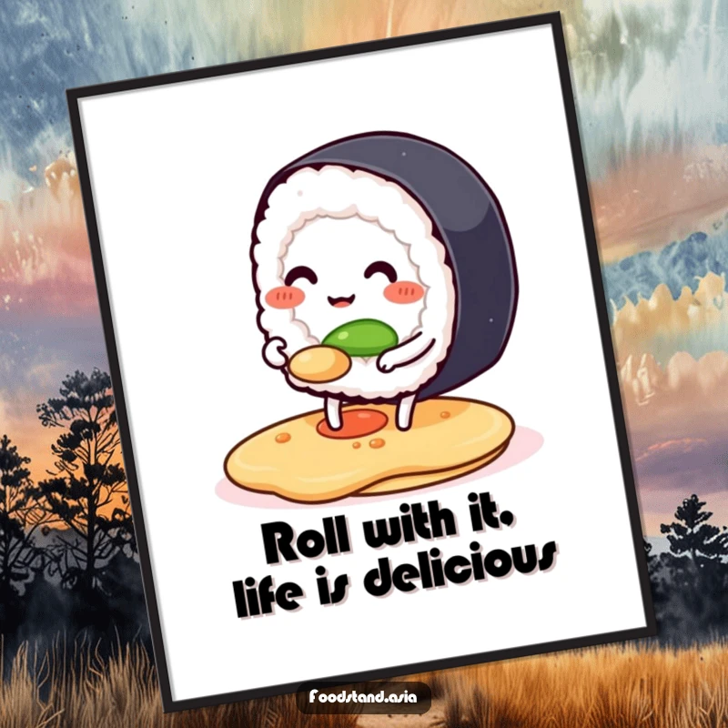 Funny Free Printable Wall Art: Smiling anthropomorphic sushi roll with tiny legs happily flipping a pancake, cute downloadable decor.