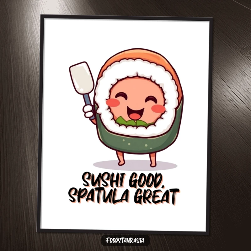 Funny Free Printable Wall Art: Smiling sushi roll with tiny legs happily wielding a miniature spatula, adding foodie fun to decor.