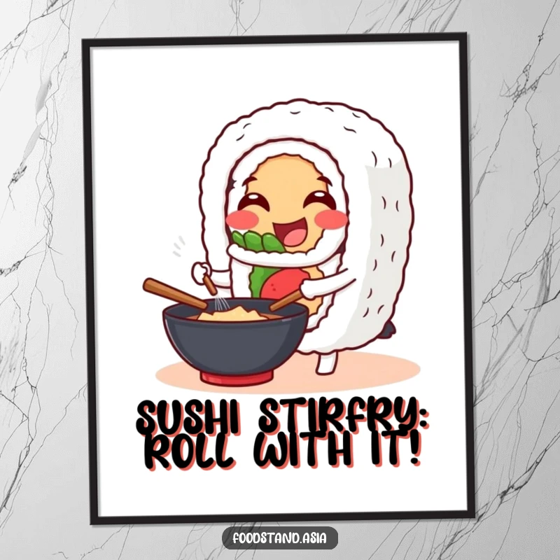 Funny free printable wall art of a cheerful sushi roll character happily stirring a wok with a smile.