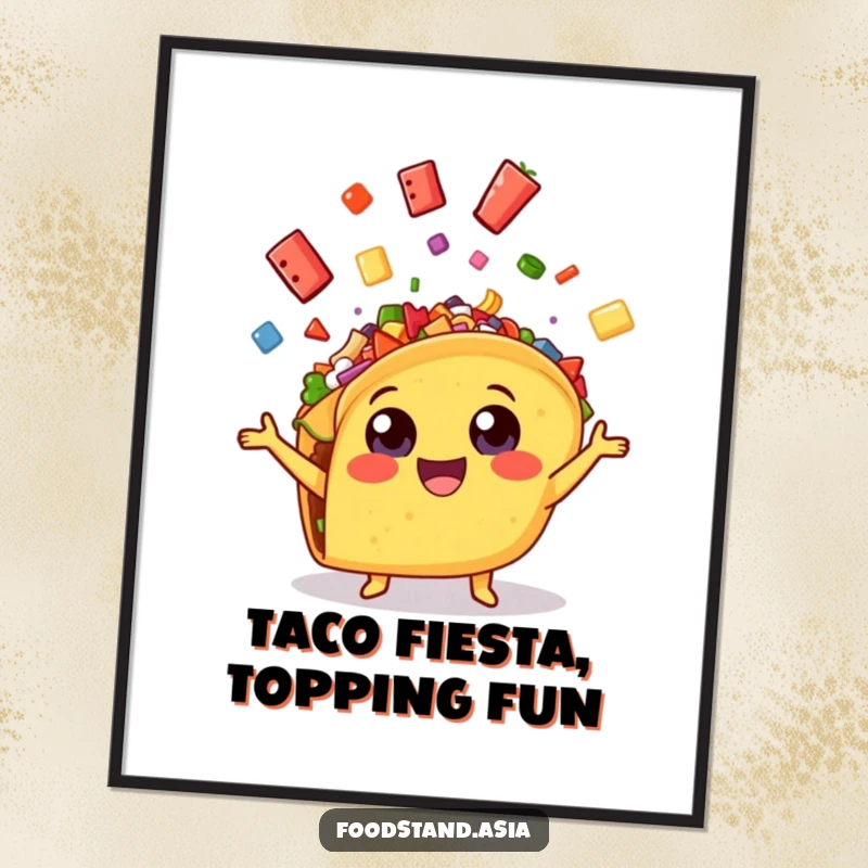 Funny Free Printable Wall Art: Cheerful taco with wide eyes enthusiastically juggling colorful toppings, adding vibrant fiesta fun to decor.