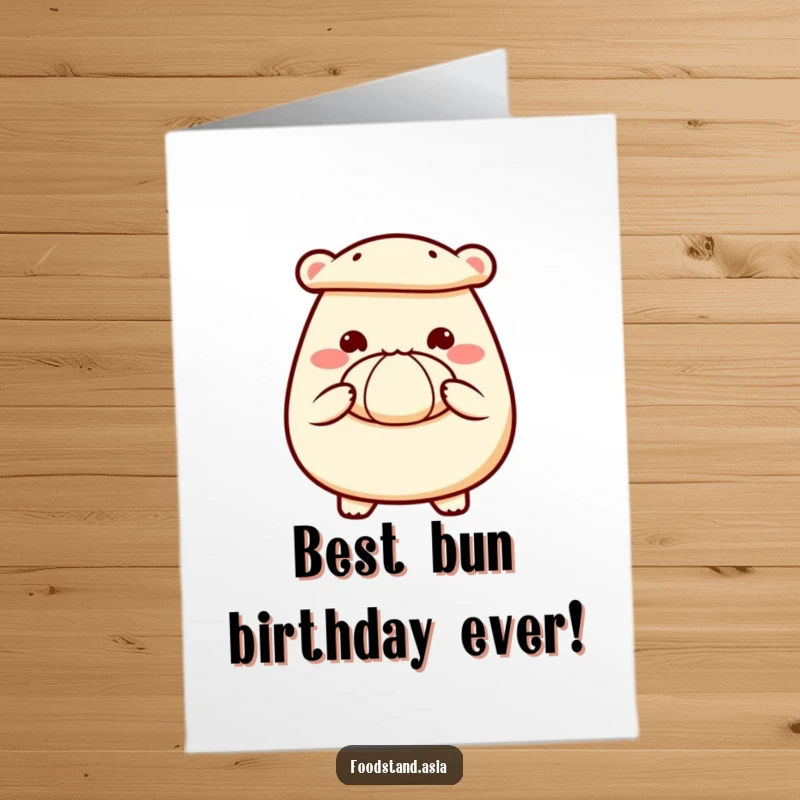 Funny Free Printable Birthday Card: Delighted bao bun with tiny hands offering a sweet steamed bun for a birthday.