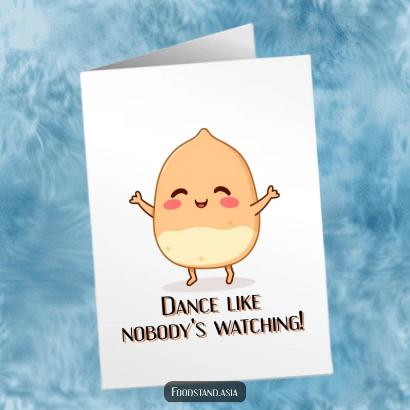 Funny Free Printable Birthday Card featuring a smiling takoyaki doing a tiny dance with small feet, perfect for a foodie.