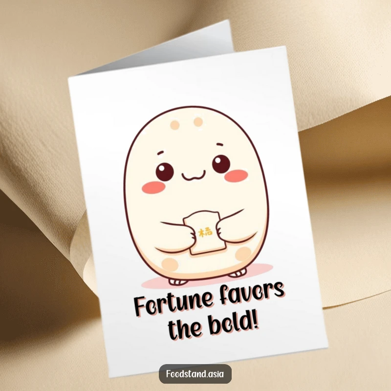 Funny free printable birthday card featuring a content bao bun with dot eyes, happily offering a small fortune cookie.