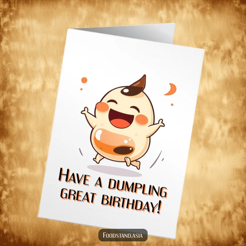 Funny Free Printable Birthday Card: a laughing dumpling with small feet playfully chasing a rogue soy sauce bottle.