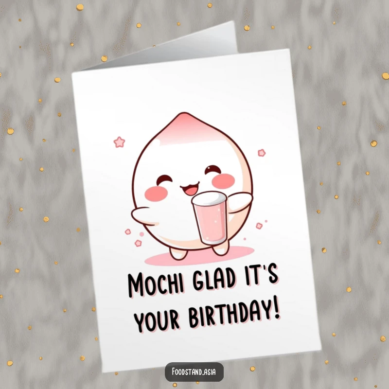 Funny Free Printable Birthday Card featuring a happy mochi character with rosy blush, bouncing a small boba drink.