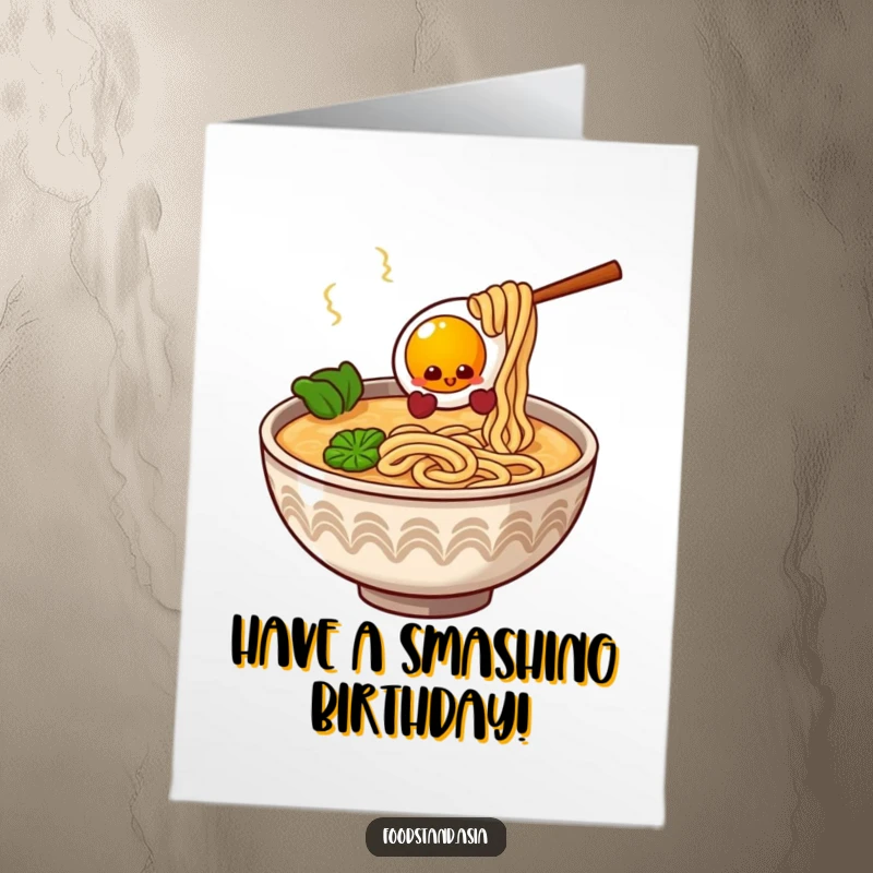 Funny free printable birthday card featuring a giggling bowl of ramen with wagging noodle strands and a bouncy egg.