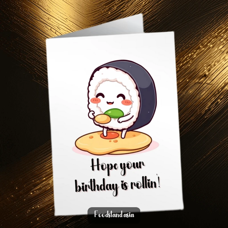 Funny Free Printable Birthday Card: Smiling anthropomorphic sushi roll with tiny legs happily flipping a pancake, delicious DIY greeting.