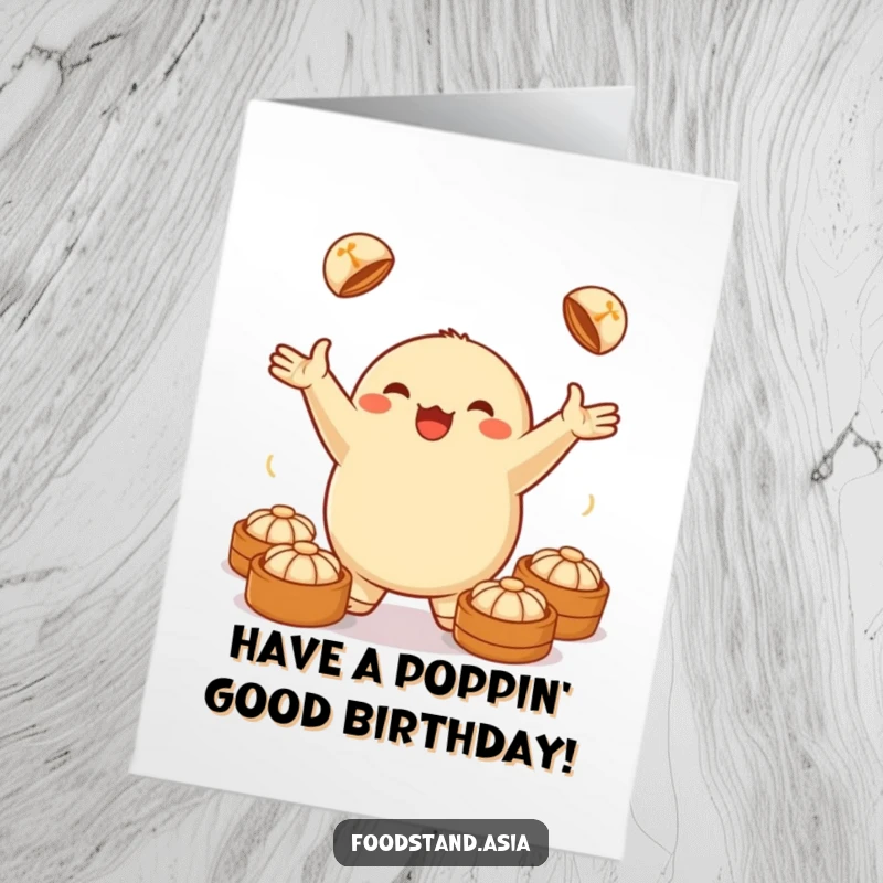 Funny Free Printable Birthday Card: Jubilant anthropomorphic dumpling juggling small steamed buns, delightful DIY greeting.