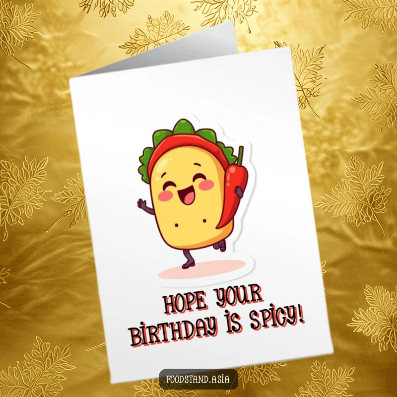 Funny Free Printable Birthday Card: Cheerful anthropomorphic taco with little feet dancing with a chili pepper, festive DIY greeting.