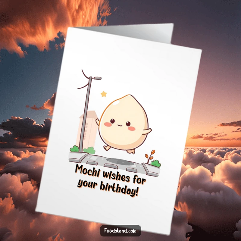 Funny Free Printable Birthday Card featuring a bouncing Mochi with tiny appendages hopping on a small street.