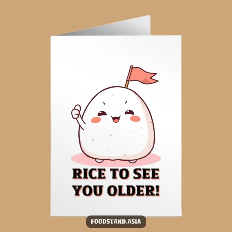 Free Printable Birthday Card: Giggling Onigiri Flag Waving, Humorous Downloadable Gift