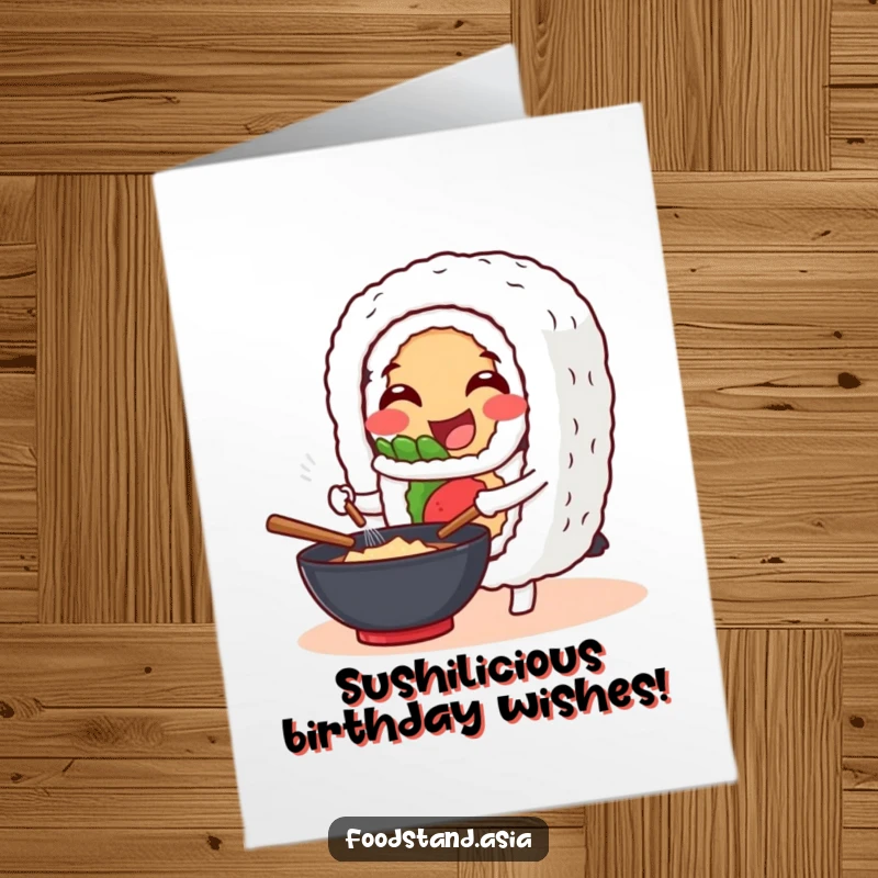 Funny free printable birthday card of a cheerful sushi roll character happily stirring a wok.