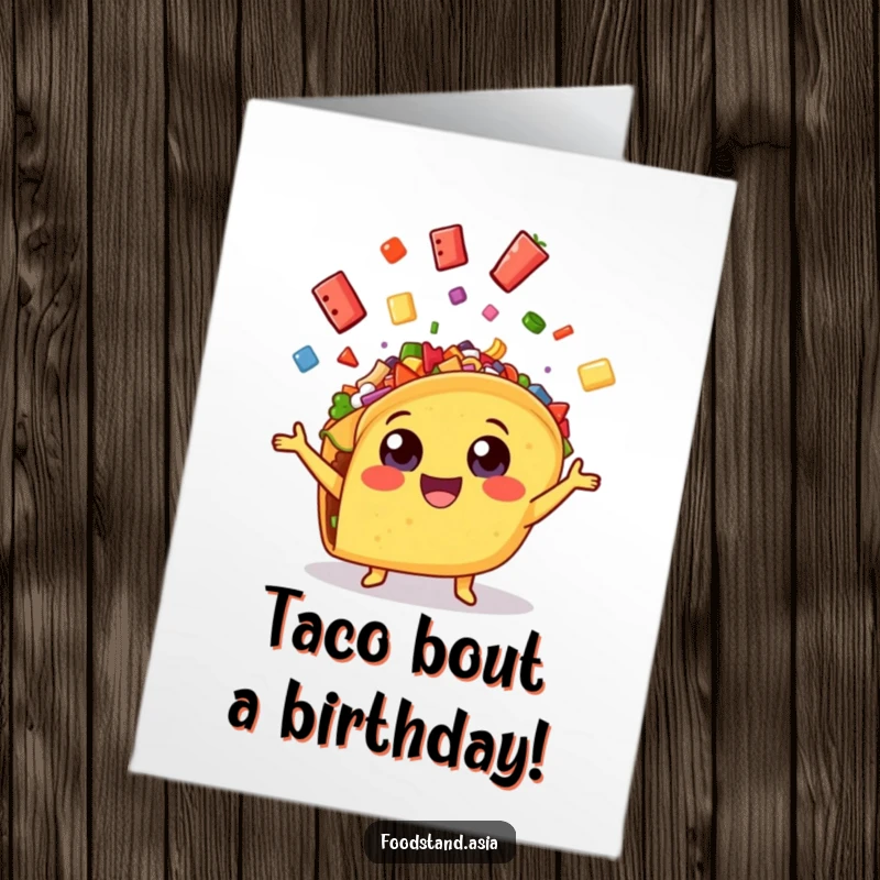 Funny Free Printable Birthday Card: Cheerful taco with wide eyes enthusiastically juggling colorful toppings, ready for a party.