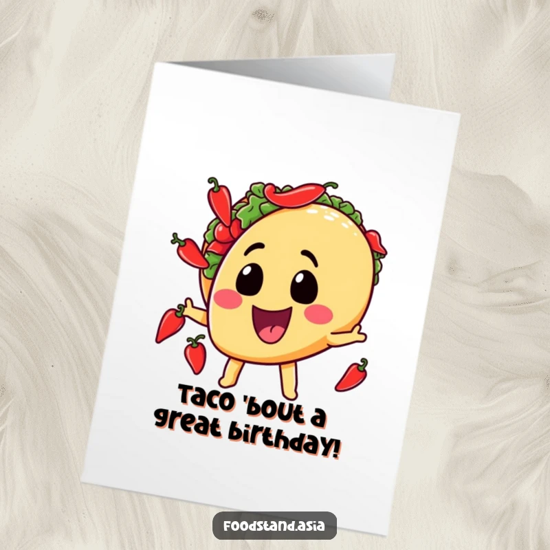 Funny Free Printable Birthday Card featuring a happy taco character with a wide grin, juggling tiny chili peppers.