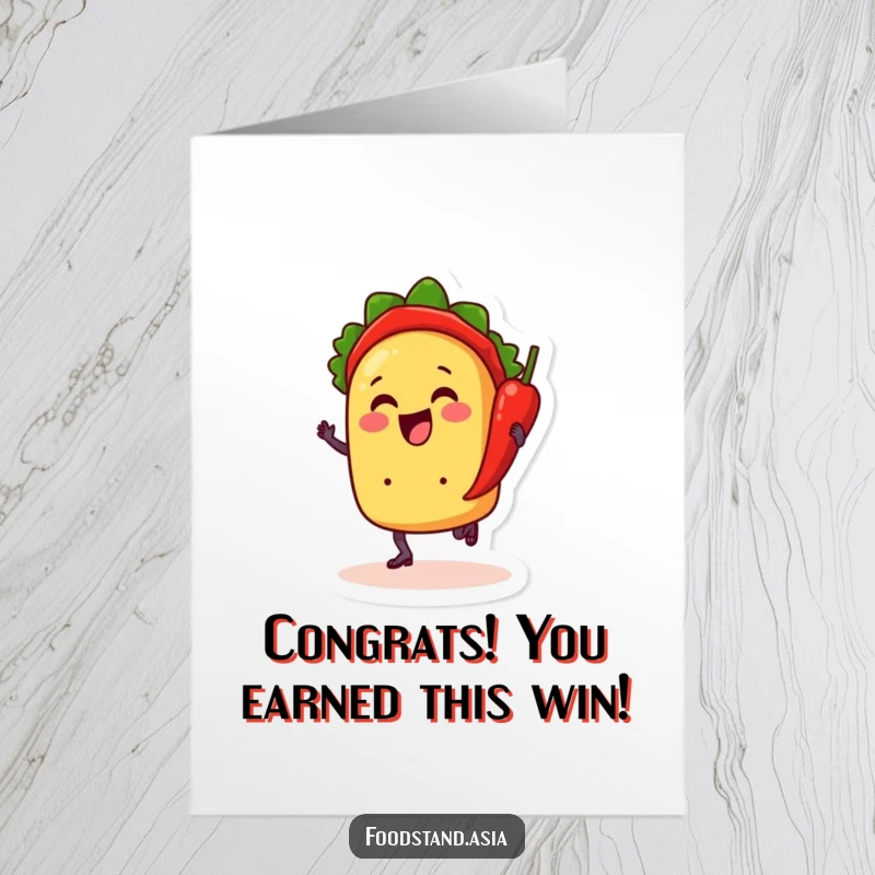 Funny Free Printable Congratulations Card: Cheerful anthropomorphic taco dancing with a chili pepper, vibrant downloadable congratulation.