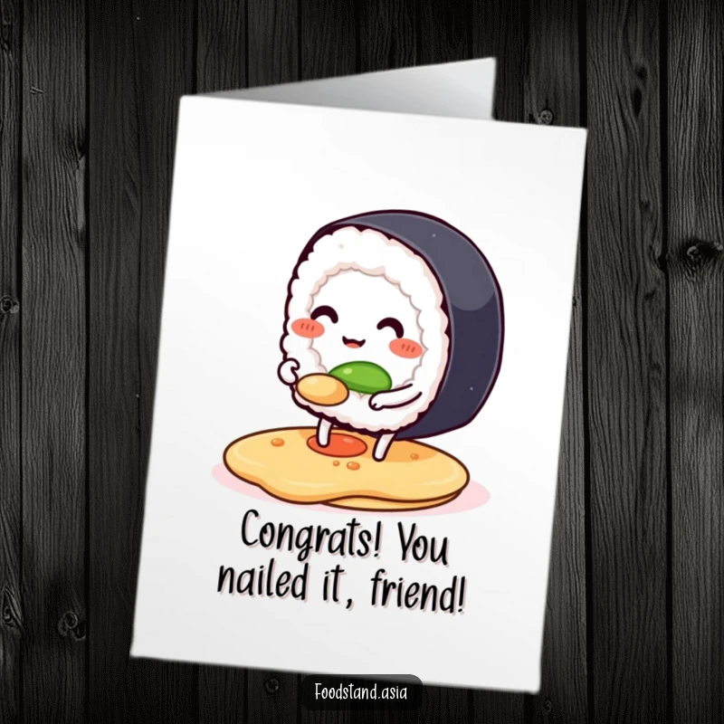Funny Free Printable Congratulations Card: Happy anthropomorphic sushi roll flipping a pancake, delightful downloadable congratulation.