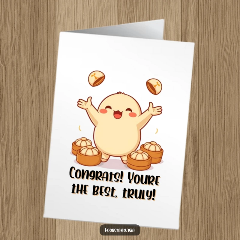 Funny Free Printable Congratulations Card: Jubilant anthropomorphic dumpling juggling small steamed buns, cheerful downloadable congratulation.