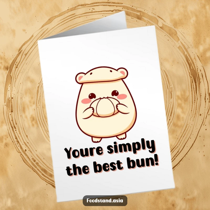 Funny Free Printable Congrats Card: Delighted bao bun with tiny hands presenting a steamed bun to celebrate.