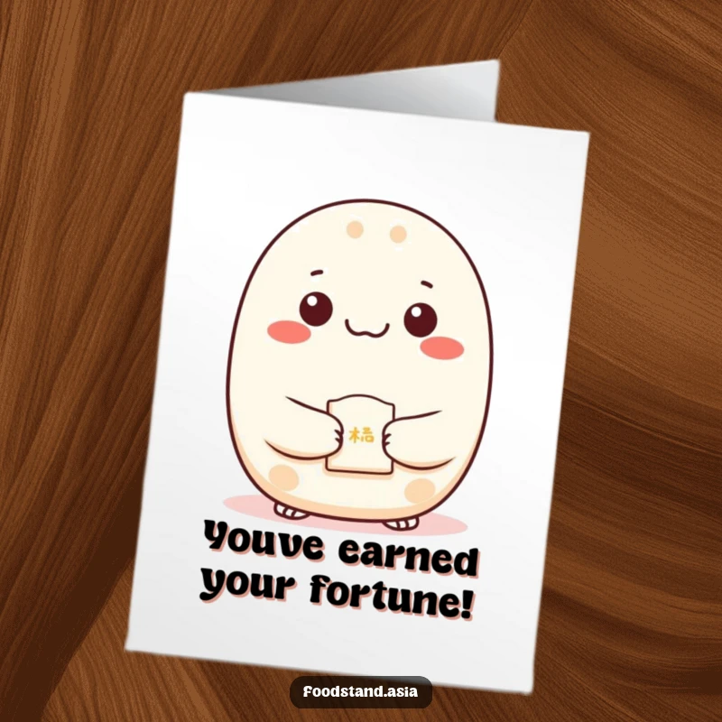 Funny free printable congratulations card showing a happy bao bun with dot eyes presenting a lucky fortune cookie.