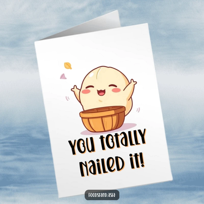 Funny Free Printable Congratulations Card with a giggling dumpling character gleefully tossing a dim sum basket.