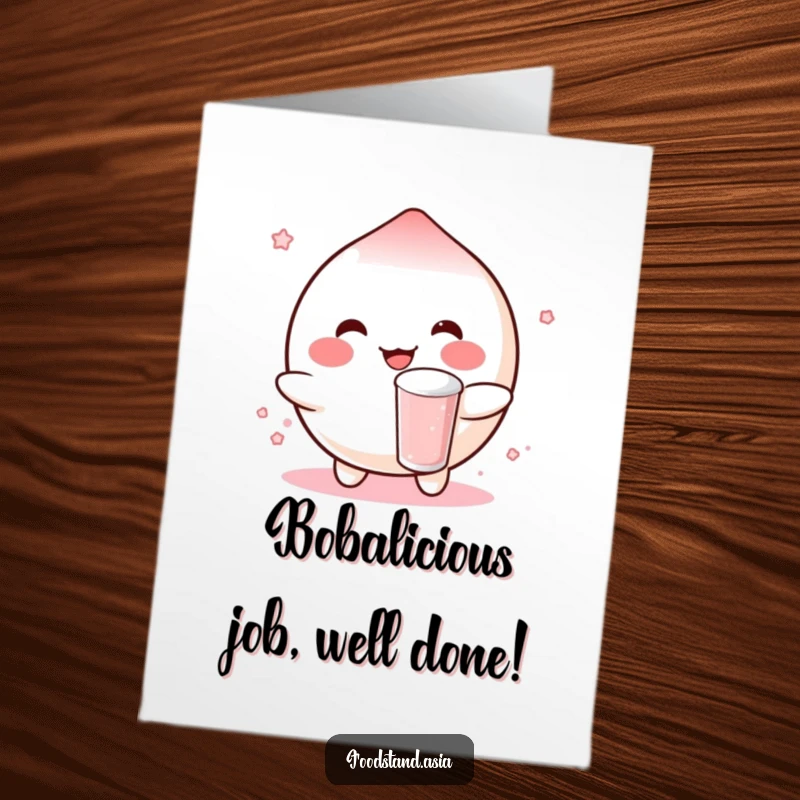 Funny Free Printable Congratulations Card with a blushing mochi character cheerfully bouncing a boba drink.