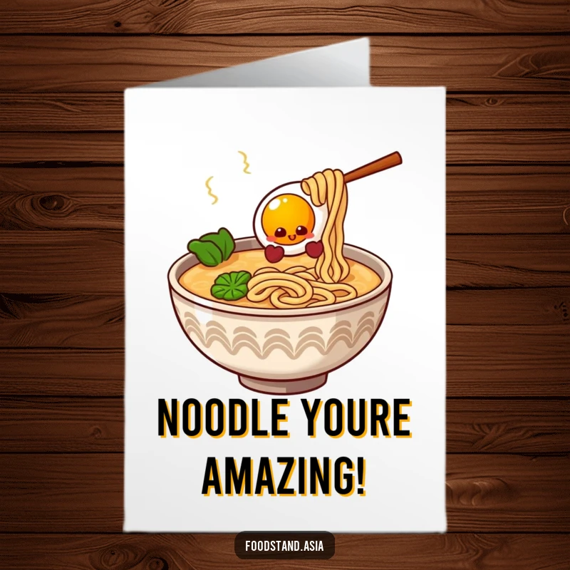 Funny free printable congratulations card showing a giggling ramen bowl with wiggling noodles and a proud egg.