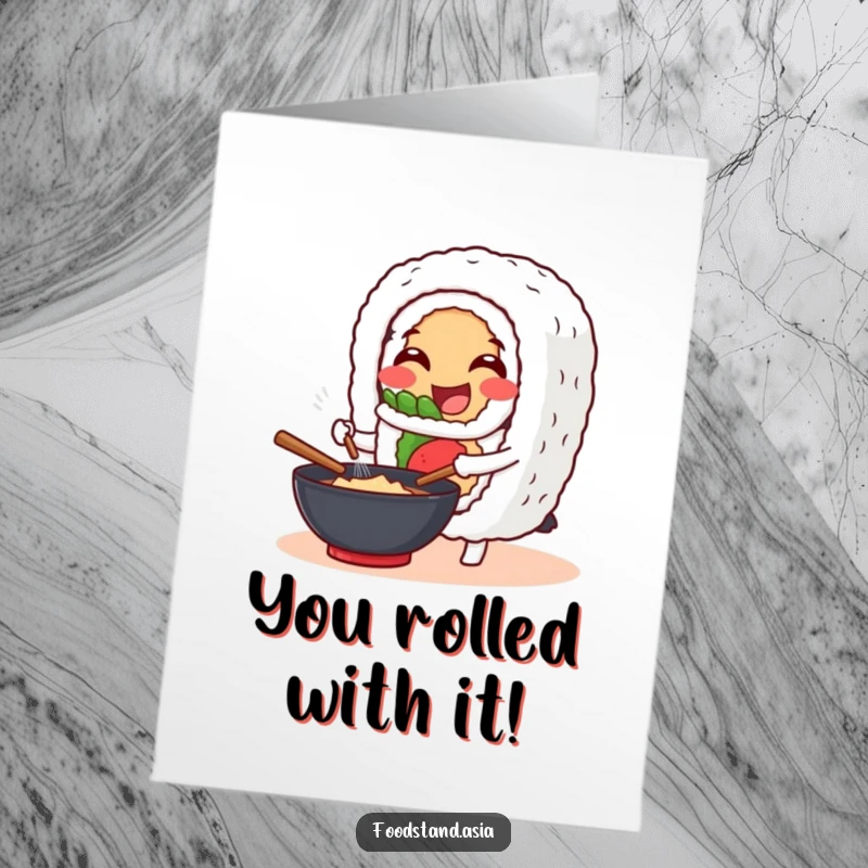 Funny free printable congratulations card of a happy sushi roll character stirring a wok.