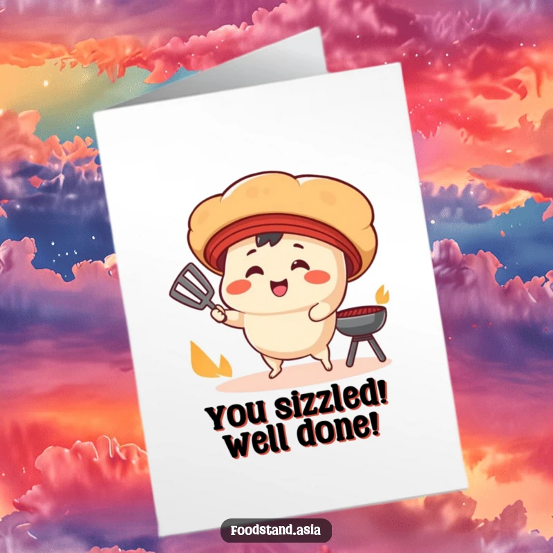 Funny free printable congratulations card featuring a happy bao bun character fanning a grill.