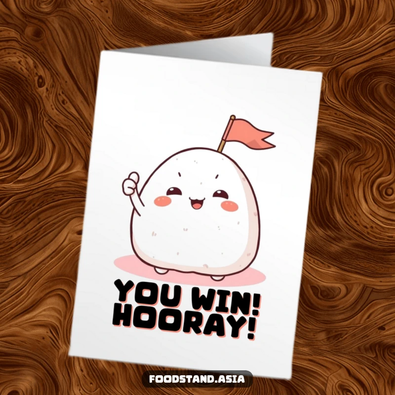 Funny Free Printable Congrats Card showing a giggling onigiri with small arms waving a tiny flag in celebration.