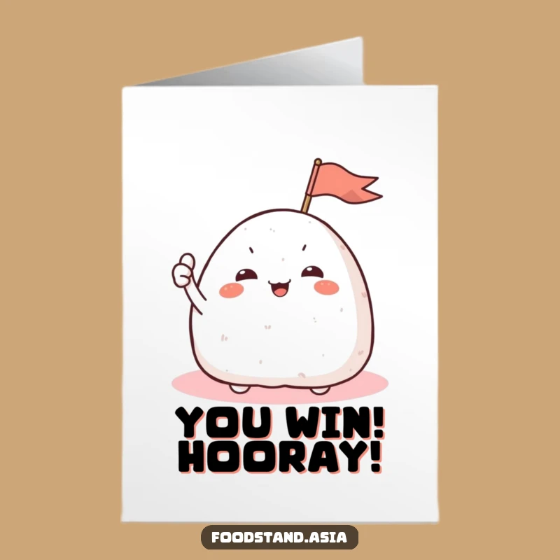 Free Printable Congrats Card: Waving Onigiri, Joyful Humorous Downloadable Gift for Success