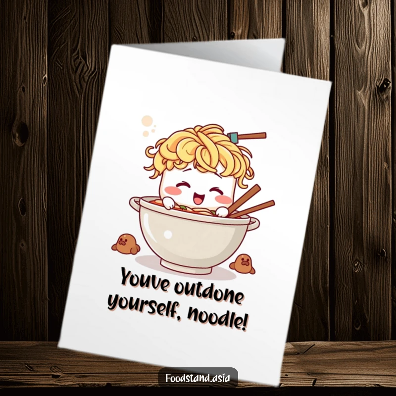 Funny Free Printable Congrats Card: Giggling ramen bowl with noodle hair stirring a giant pot of congratulations.