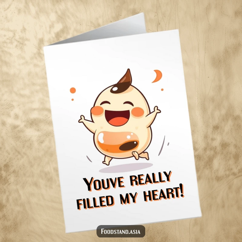 Funny Free Printable Congratulations Card: a laughing dumpling with small feet chasing a soy sauce bottle.