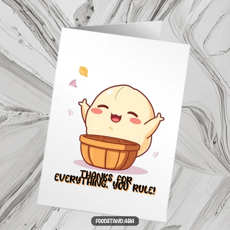 Funny Free Printable Thank You Card showcasing a giggling dumpling character who playfully tosses a dim sum basket.