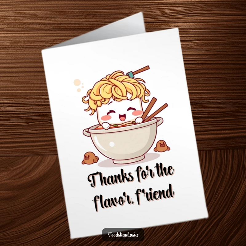 Funny Free Printable Thank You Card: Giggling ramen bowl with noodle hair offering a steaming bowl of thanks.