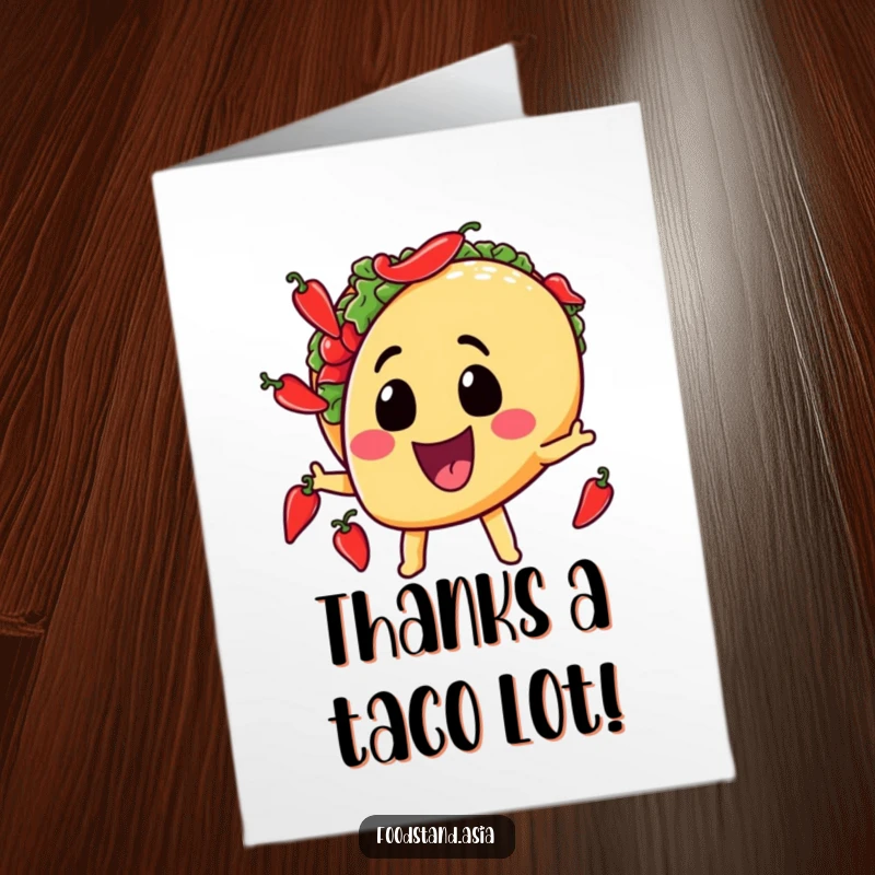 Funny Free Printable Thank You Card featuring a playful taco character juggling small chili peppers with a wide smile.