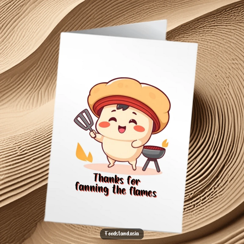 Funny free printable thank you card of a smiling bao bun character energetically fanning a grill.