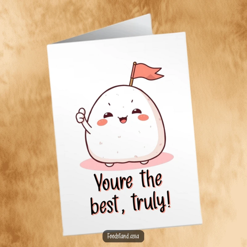 Funny Free Printable Thank You Card with a giggling onigiri waving a tiny flag, a humorous way to show gratitude.
