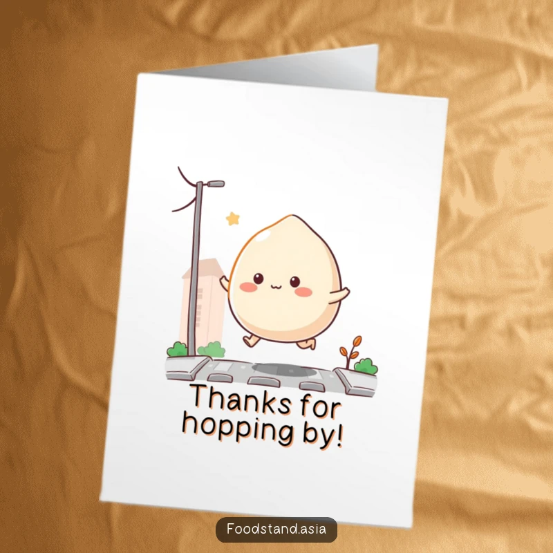 Funny Free Printable Thank You Card featuring a bouncing Mochi with tiny appendages hopping gratefully.