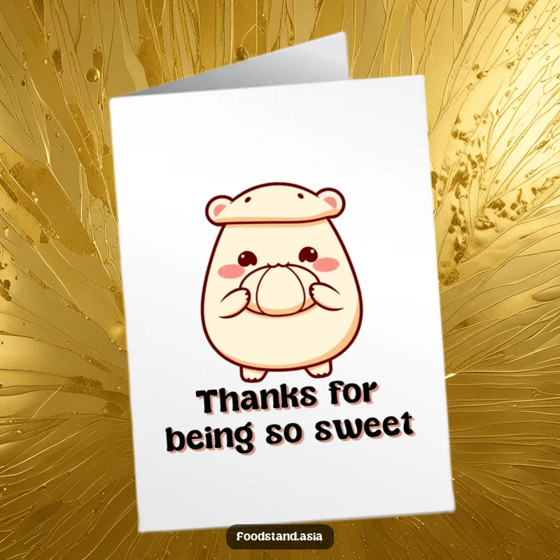 Funny Free Printable Thank You Card: Delighted bao bun with tiny hands offering a steamed bun as a thank you.