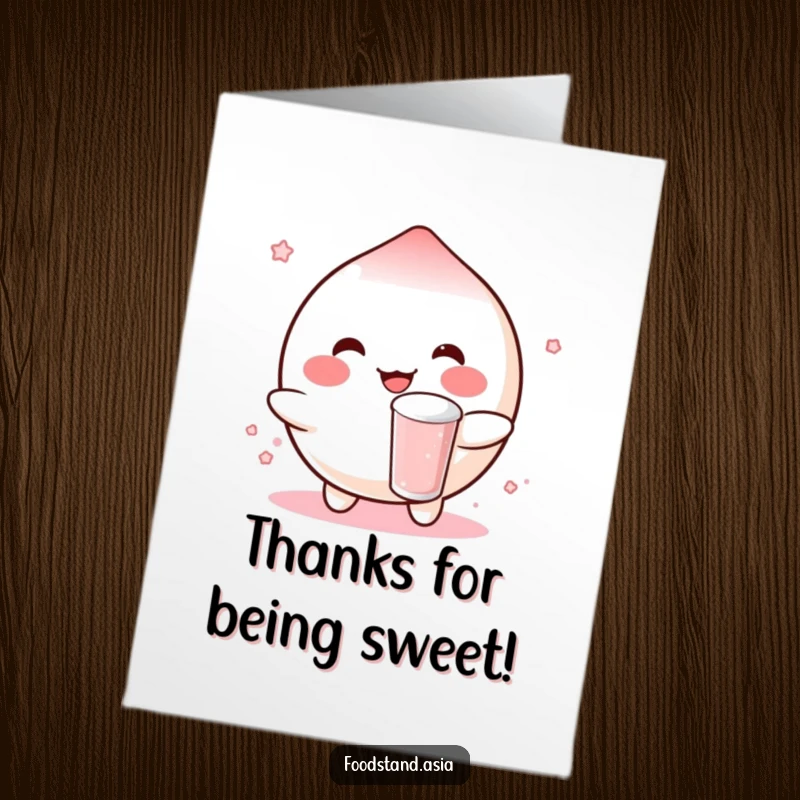 Funny Free Printable Thank You Card featuring a rosy-cheeked mochi character joyfully bouncing a small boba drink.