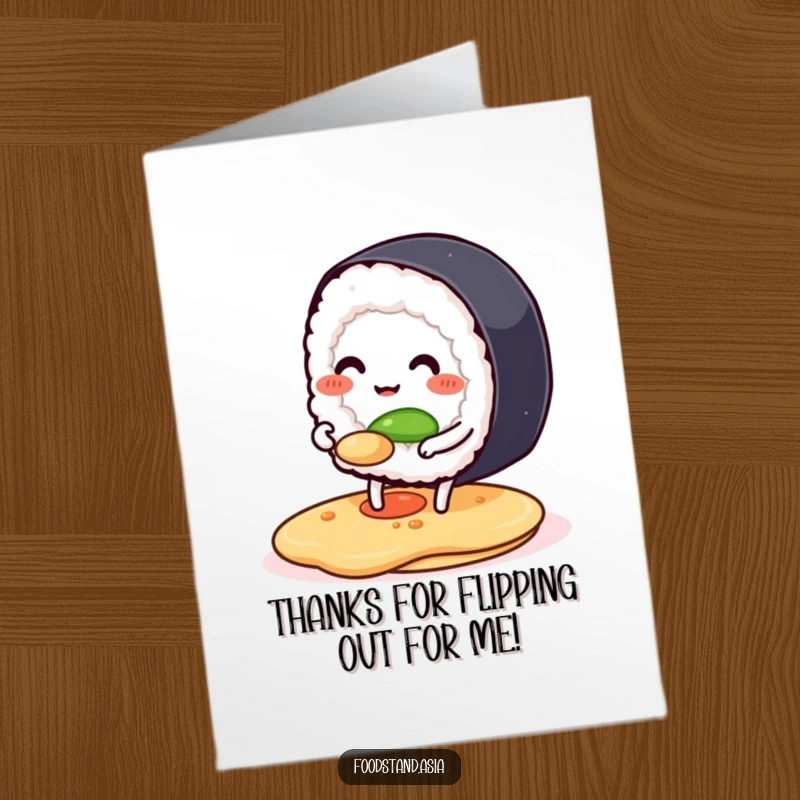 Funny Free Printable Thank You Card: Smiling sushi roll flipping pancake, cute downloadable thank you note.