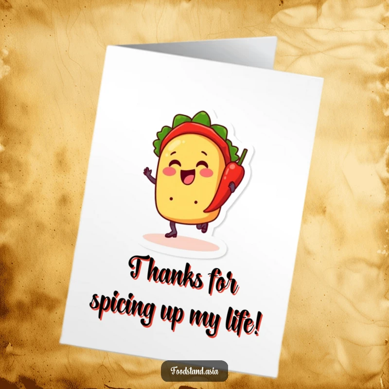 Funny Free Printable Thank You Card: Cheerful taco dancing with chili pepper, fun downloadable thank you note.