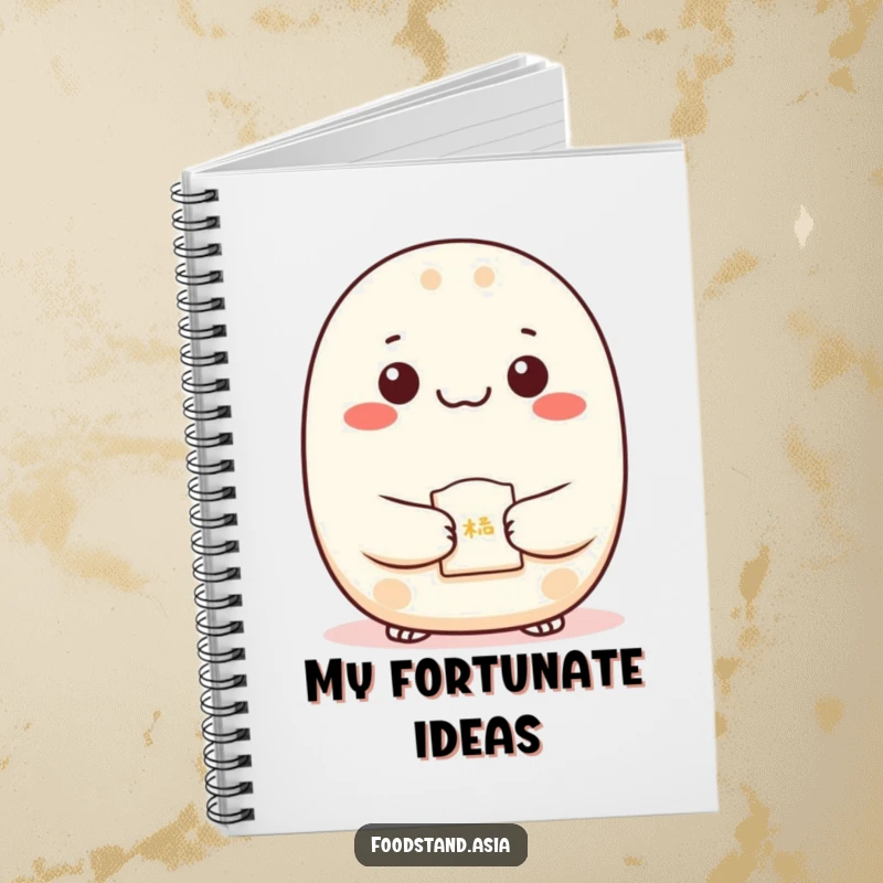 Funny Bao Notebook with dots for eyes presenting a fortune cookie, perfect for notes and lucky journaling.