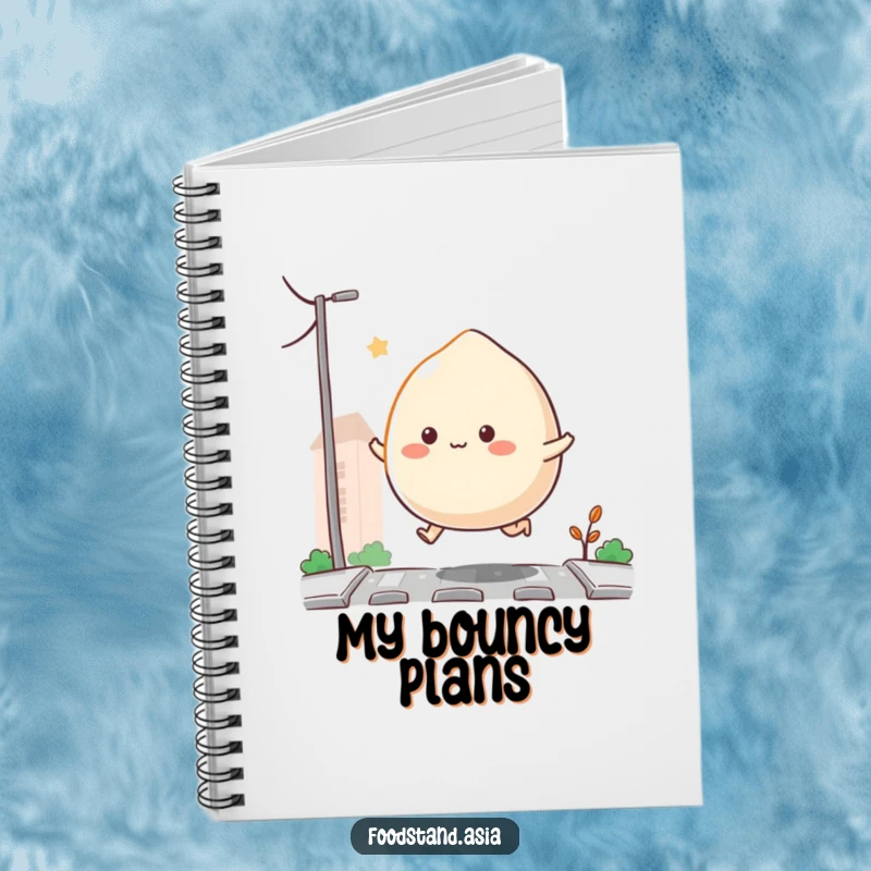 Funny Bouncing Mochi Notebook with a mochi with tiny appendages happily hopping on a street, perfect for notes and ideas, a cute funny gift.