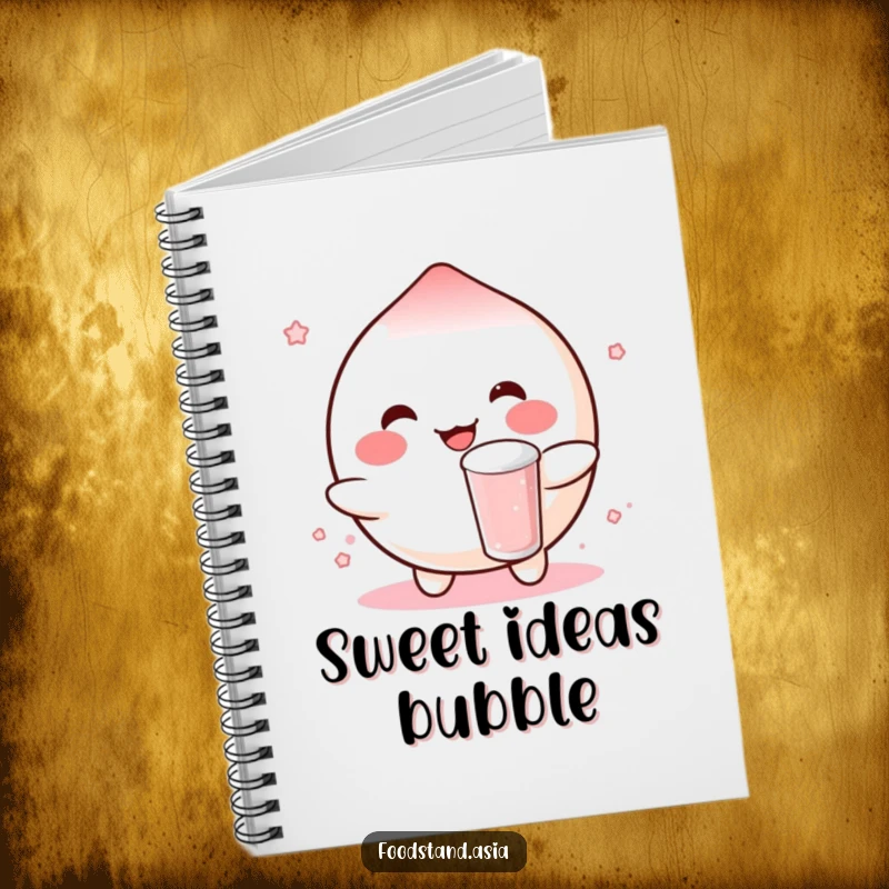 Funny notebook with a rosy-cheeked mochi character cheerfully bouncing a small boba drink, perfect for creative writing and sweet note-taking.